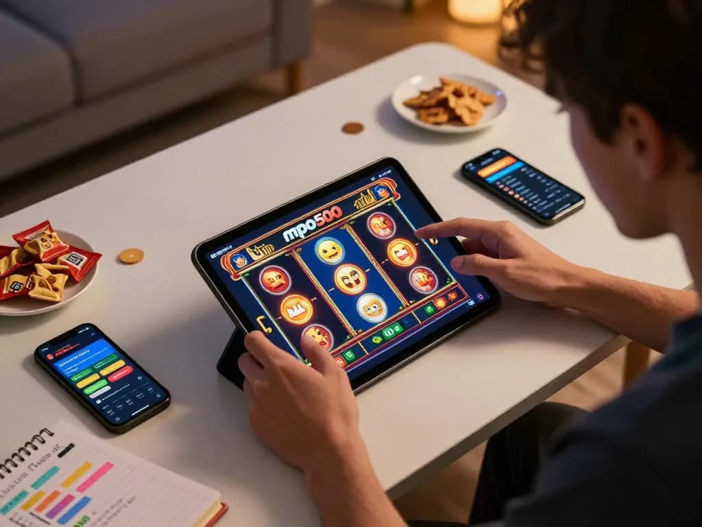 Engaged player using mpo500 to enjoy online slot games in a cozy home environment.
