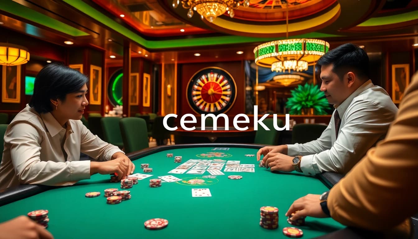 Cemeku poker players engaged in an intense game at a luxurious casino table, showcasing winning strategies.
