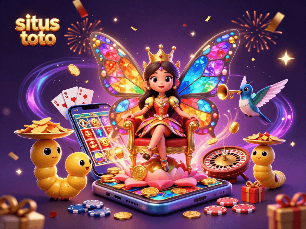 Menghadirkan situs toto dalam ilustrasi 3D kartun kasino yang megah dengan ratu kupu-kupu dan simbol permainan.