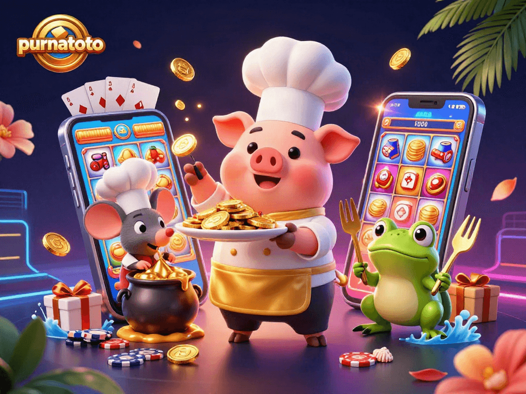 Purnatoto menampilkan ilustrasi 3D lucu dengan karakter memasak dan elemen kasino, koin emas bertebaran.