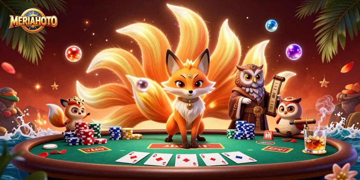 Menangkan permainan dengan MERIAHTOTO di meja poker berkilau ditemani karakter berwarna-warni.
