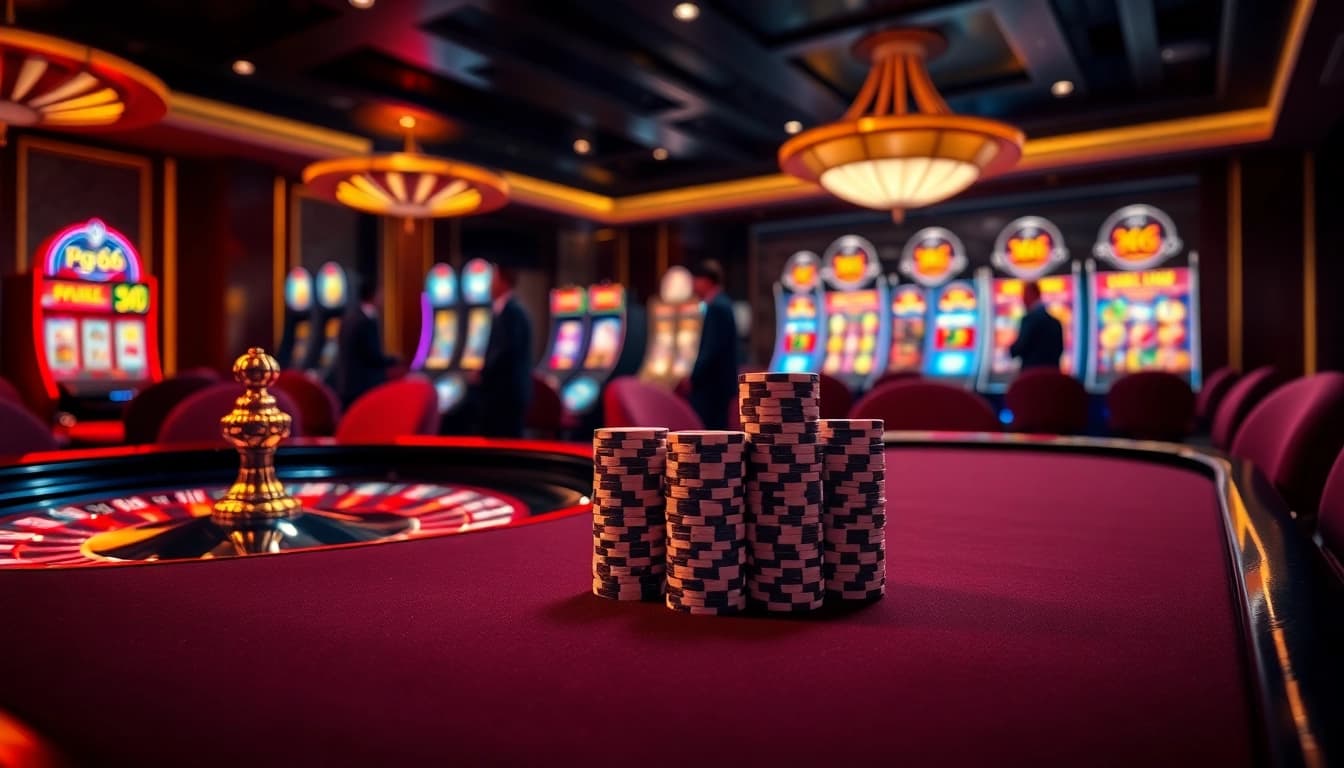 Players enjoying high-stakes games at PG66 casino tables, featuring poker chips and a roulette wheel.