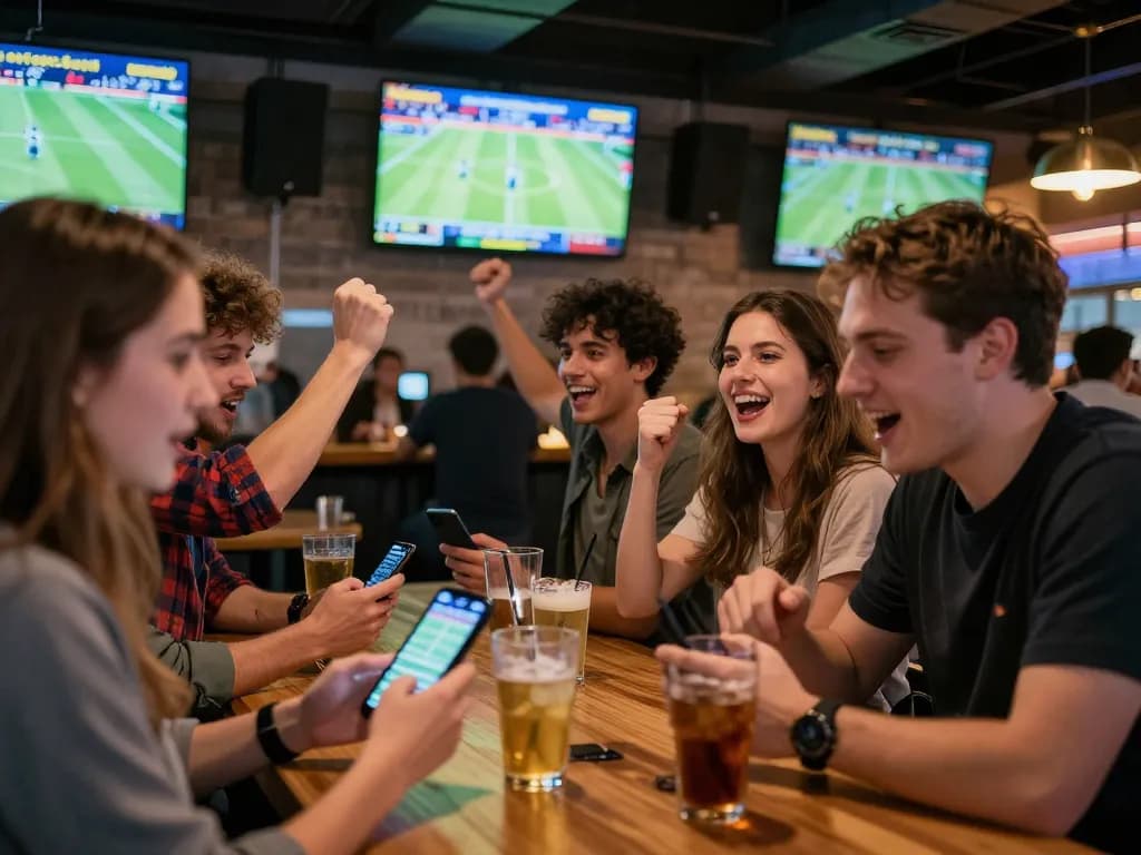 Engaged fans celebrating their kaisar888 login success while placing bets during a key sports event.