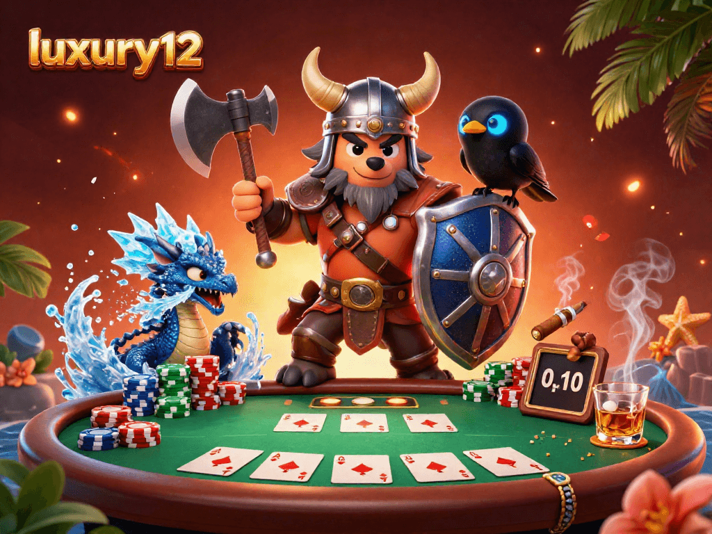 Engage with luxury12 in a vibrant poker scene featuring a Viking wolf warrior, dragon, and raven.