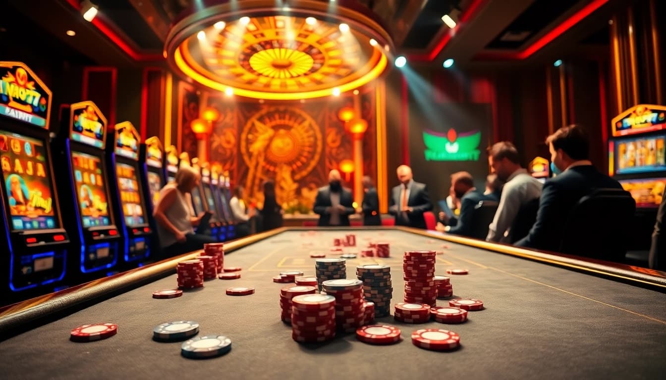 Experience the thrill of the Na777 slot game in a vibrant casino scene.
