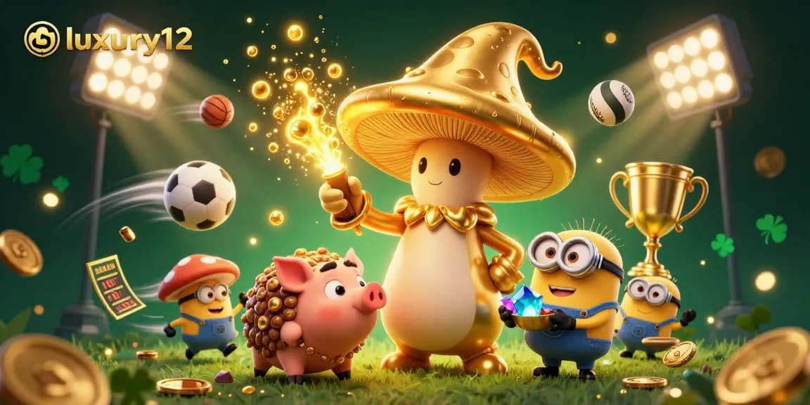 luxury12 features a golden mushroom wizard and treasure-hunting pig in a vibrant, dynamic casino scene