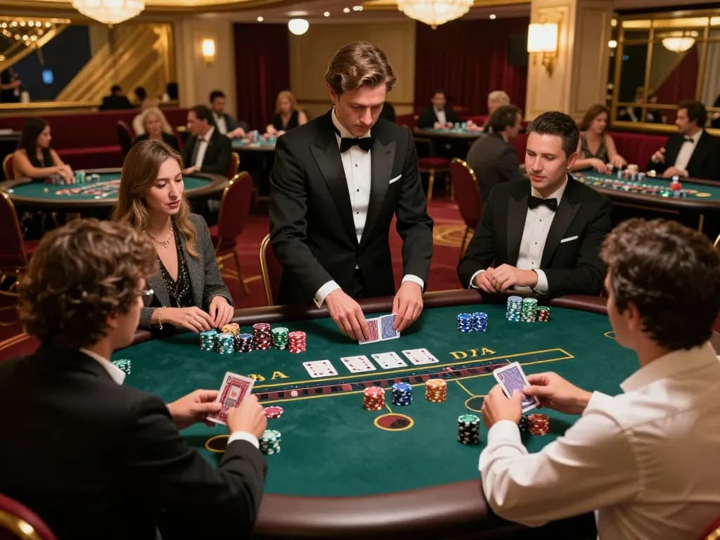 Engaging live baccarat game at a luxurious casino featuring 123B and vibrant guests.