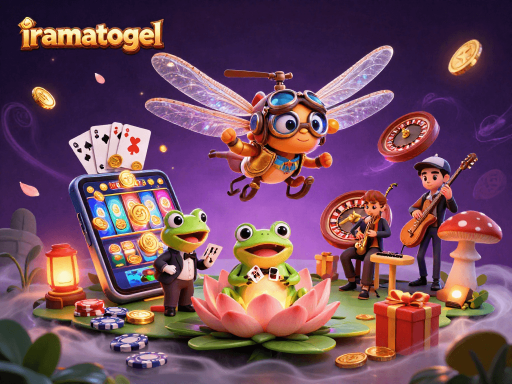 Gambarkan iRama Togel dengan pemandangan kasino sambil menikmati permainan kartu oleh croupier katak.