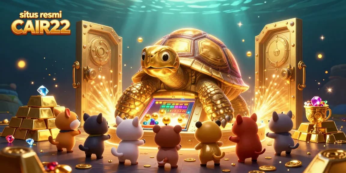 Experience the thrilling gaming world at situs resmi CAIR22 with a lively 3D cartoon illustration of golden tortoise and treasure.