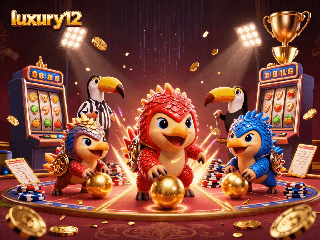 Engage with luxury12 through slot reels and colorful pangolins in an exciting casino scene.