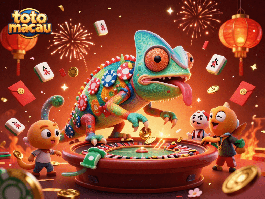 Toto macau menawarkan suasana meriah dengan chameleon kasino mengumpulkan koin emas dan dekorasi keberuntungan.