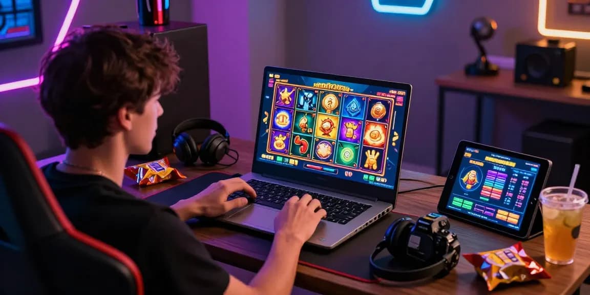 Pengguna sniperslot bermain game slot online di laptop, dikelilingi grafik warna-warni dan aksesori gaming.