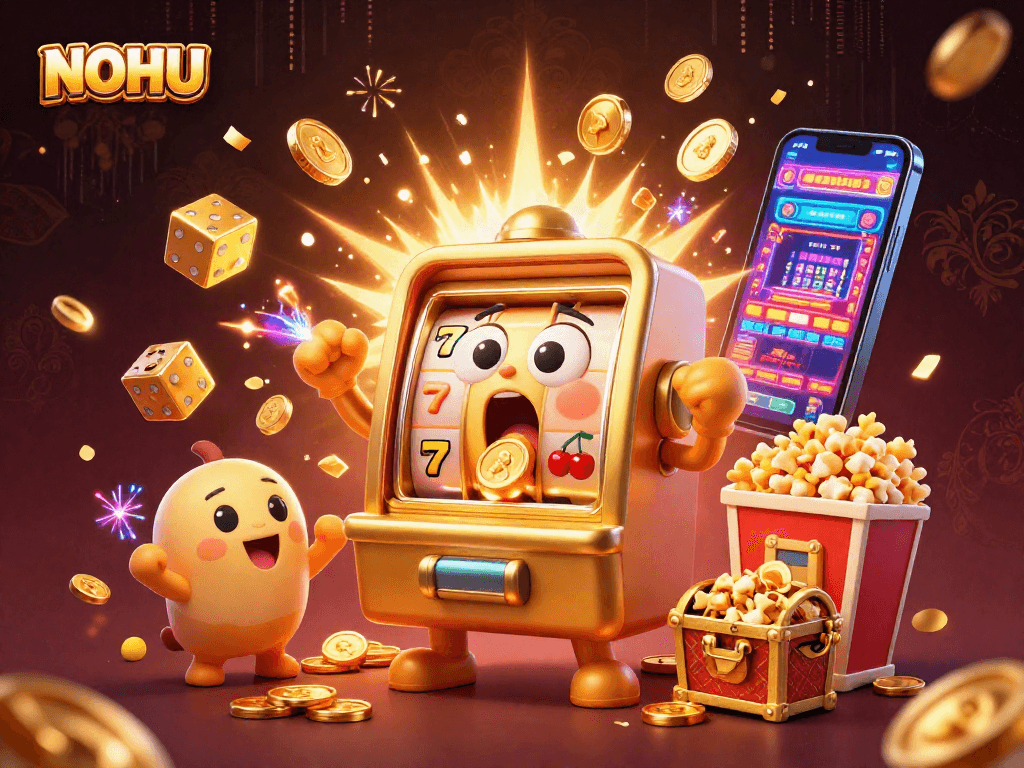 NOHU slot machine hits jackpot with coins and symbols exploding in a vibrant casino scene