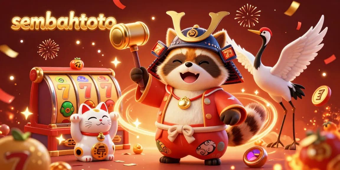 Join the festive atmosphere with sembahtoto as a tanuki, crane, and fortune cats celebrate in a vibrant slot scene.