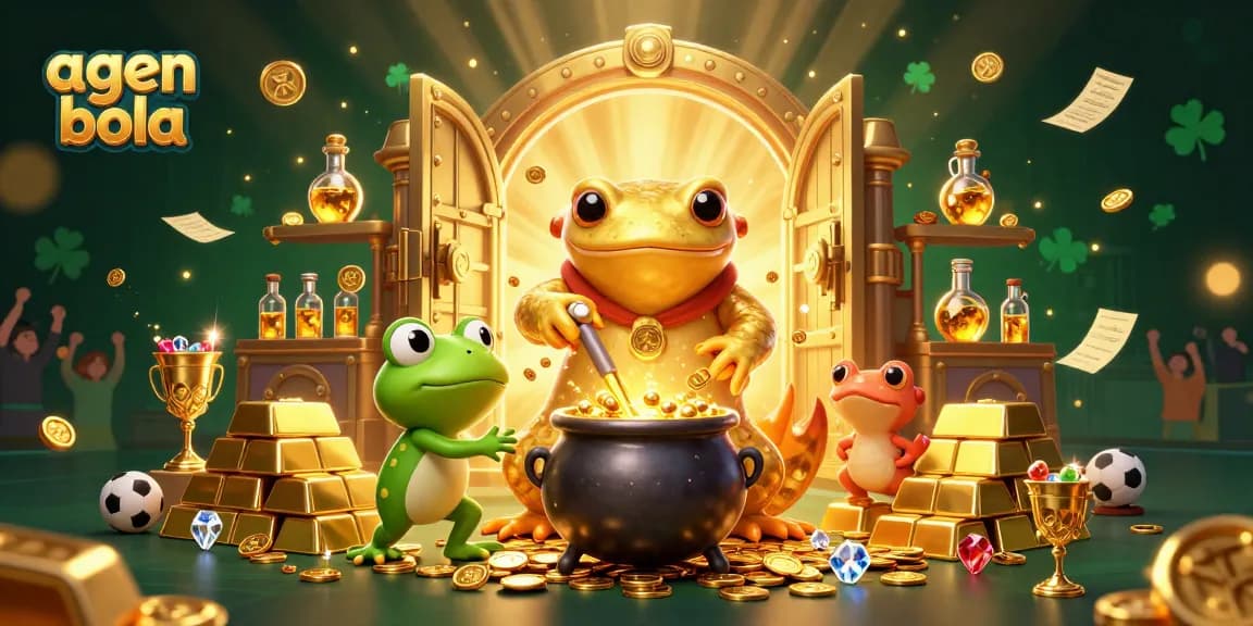 Gambarkan agen bola dengan ilustrasi alchemist raksasa mengubah logam dasar menjadi koin emas di dunia penuh harta.