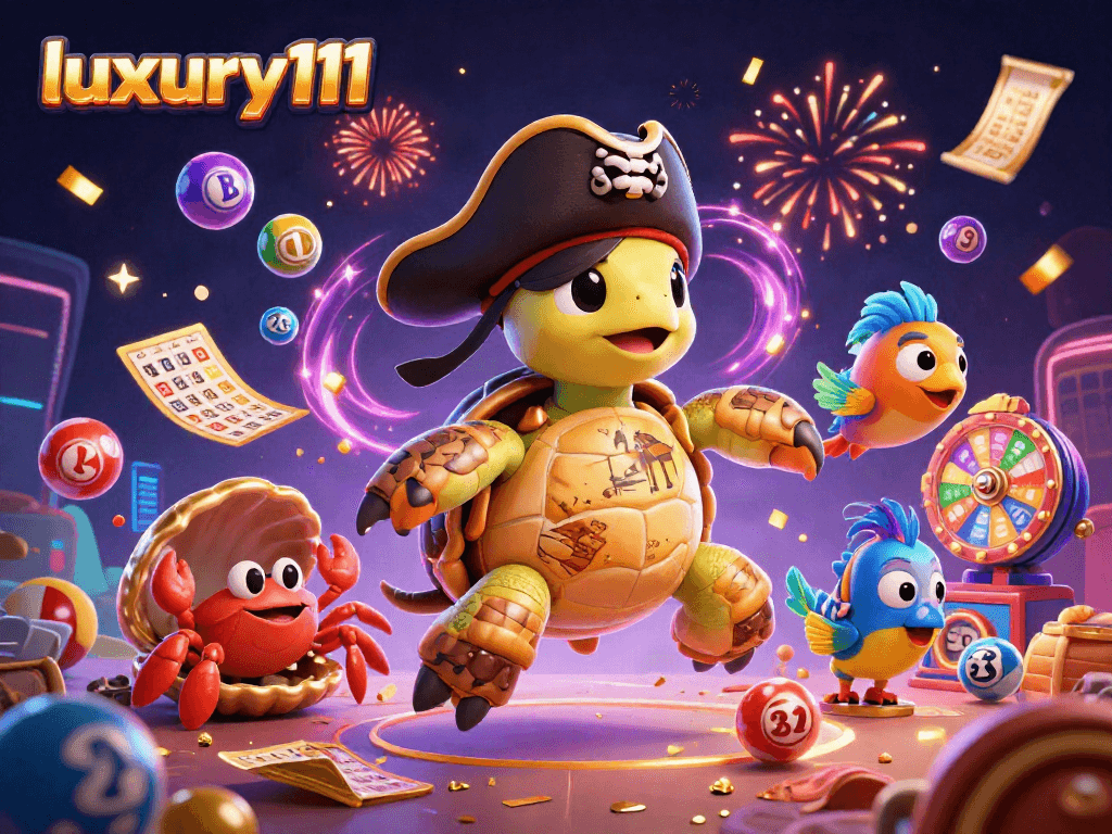 Experience the thrill of luxury111 with a vibrant 3D casino scene featuring colorful games and characters!
