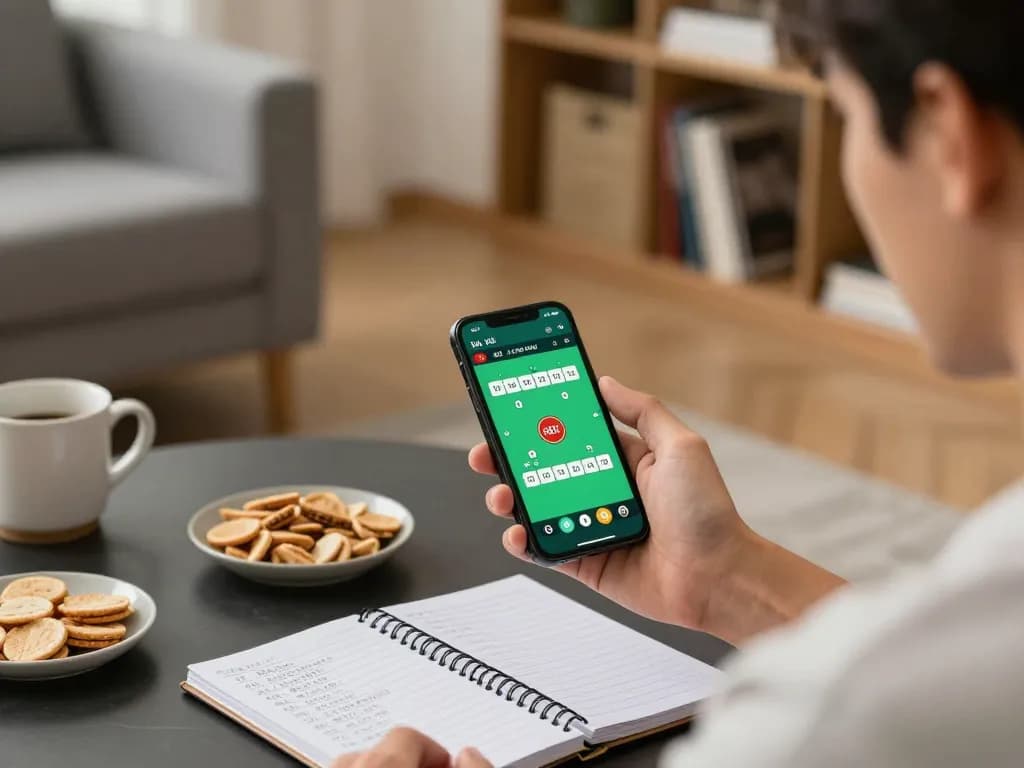 Engaging player using app tài xỉu on smartphone while strategically planning bets in a cozy living room