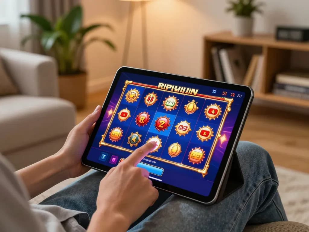 Playing exciting slot games on a tablet in a cozy living room, capturing user engagement in online gaming.