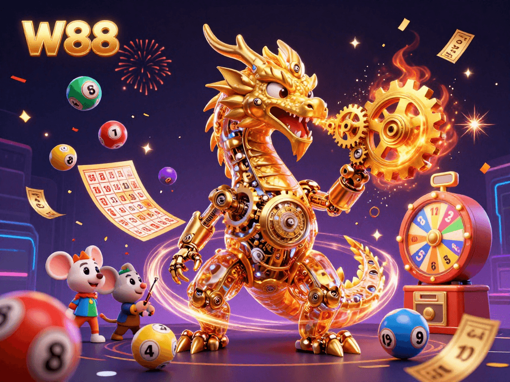 Experience excitement with W88 in this vibrant casino-themed 3D illustration featuring a golden dragon.