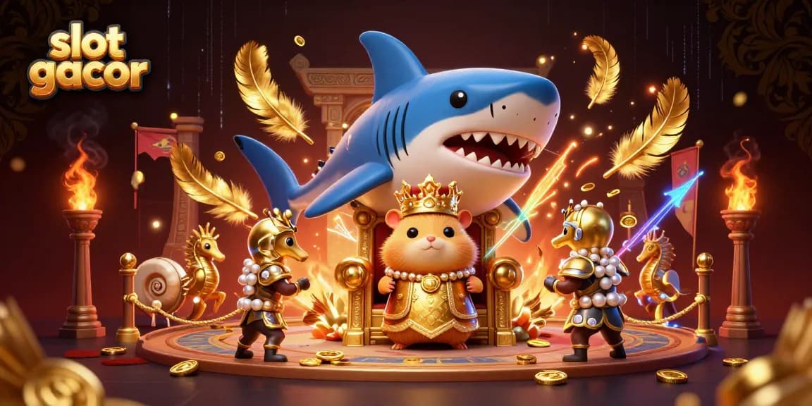 Visualisasi slot gacor menampilkan raja hamster emas dengan penjaga kuda laut di sekitar arena perjudian