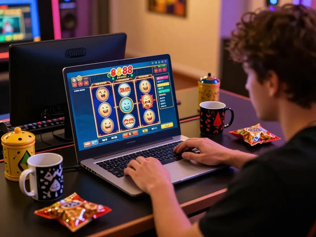 Excited player engaged with slot88 resmi game on laptop, showcasing vibrant online casino action.