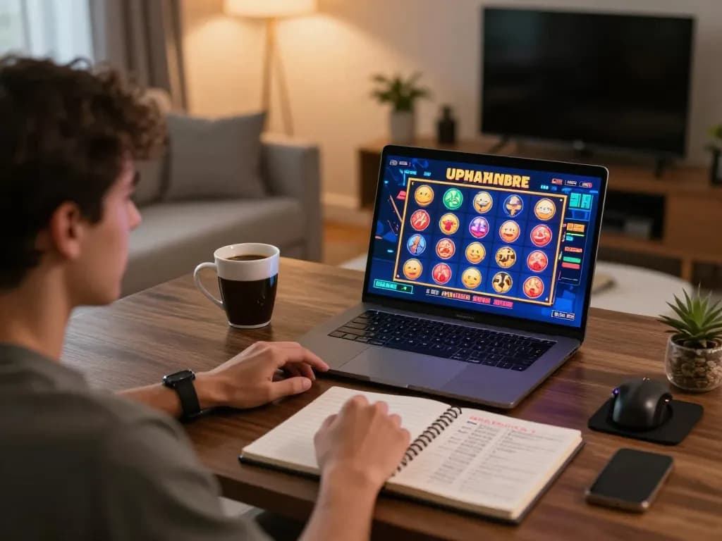 Engaging with QQSLOT Link Alternatif in a home gaming setup focused on strategy and responsible gambling.