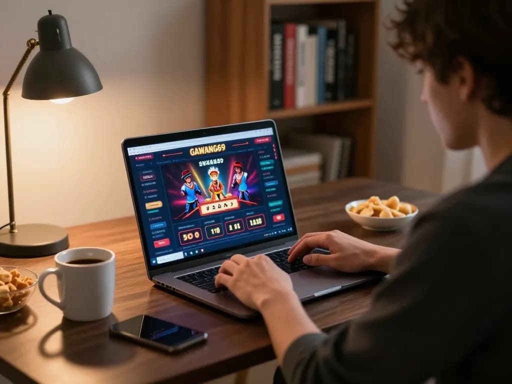 Player enjoying GAWANG69 online casino experience on a laptop at home.