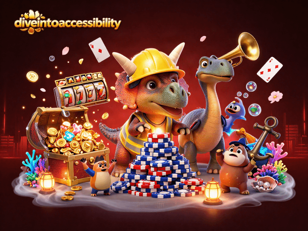 Diveintoaccessibility showcases a vibrant 3D casino scene with interactive gaming elements, celebrating fun gambling.