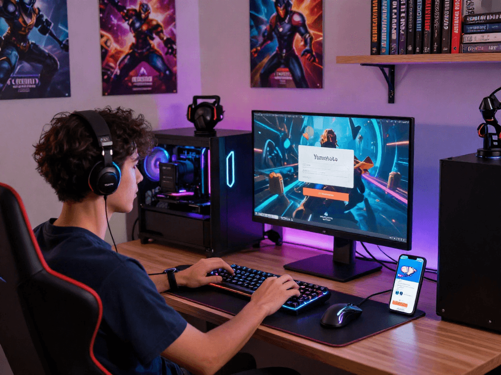 Antarmuka yumetoto login di ruang bermain modern dengan pengaturan gaming yang stylish.