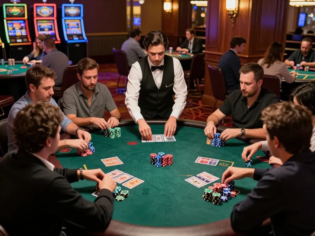 Rasakan aksi blackjack strategis di kasino m88, para pemain terlibat dalam pertarungan kartu yang intens dengan chip berwarna-warni.