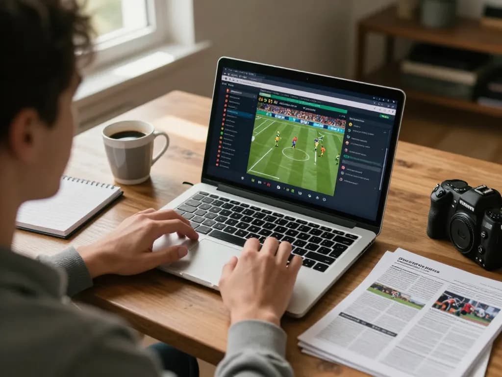 Engaged bettor using fabet platform on laptop for sports betting at home, surrounded by notes and coffee