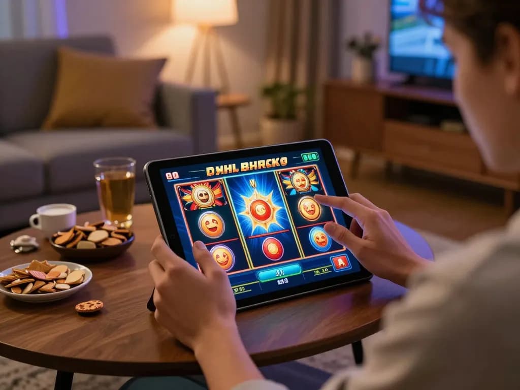 Player enjoying an interactive slot game on tablet in a cozy home setting