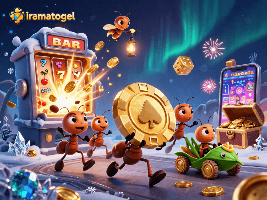 Bermain di iramatogel, tim semut 3D mencuri chip poker emas besar dengan suasana penuh kasino.