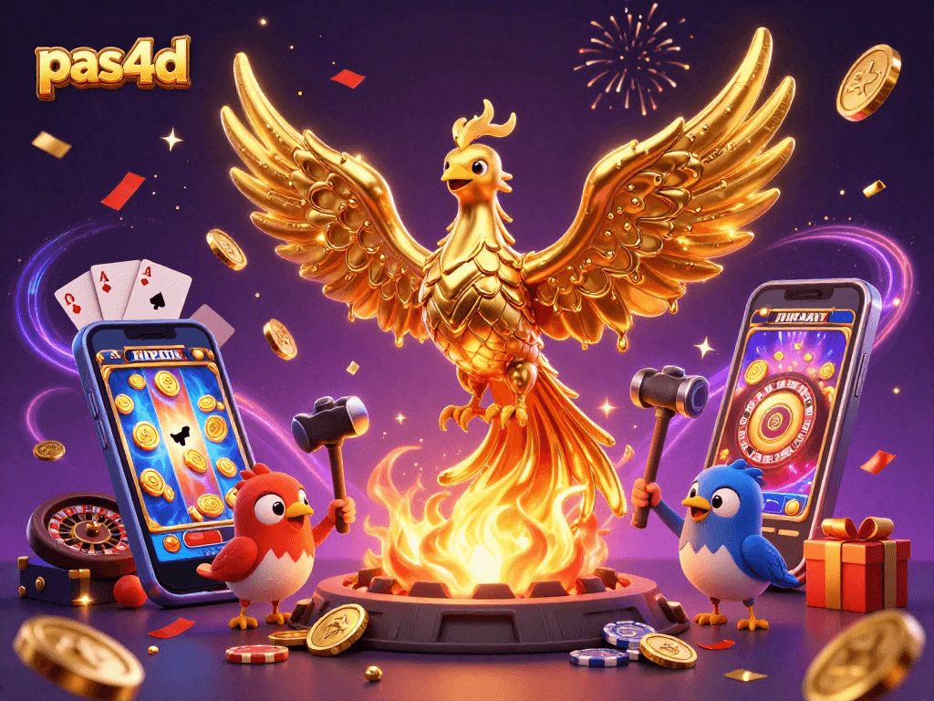 Pas4D menghadirkan pengalaman bermain slot dengan phoenix emas, smartphone dan koin berkilau.