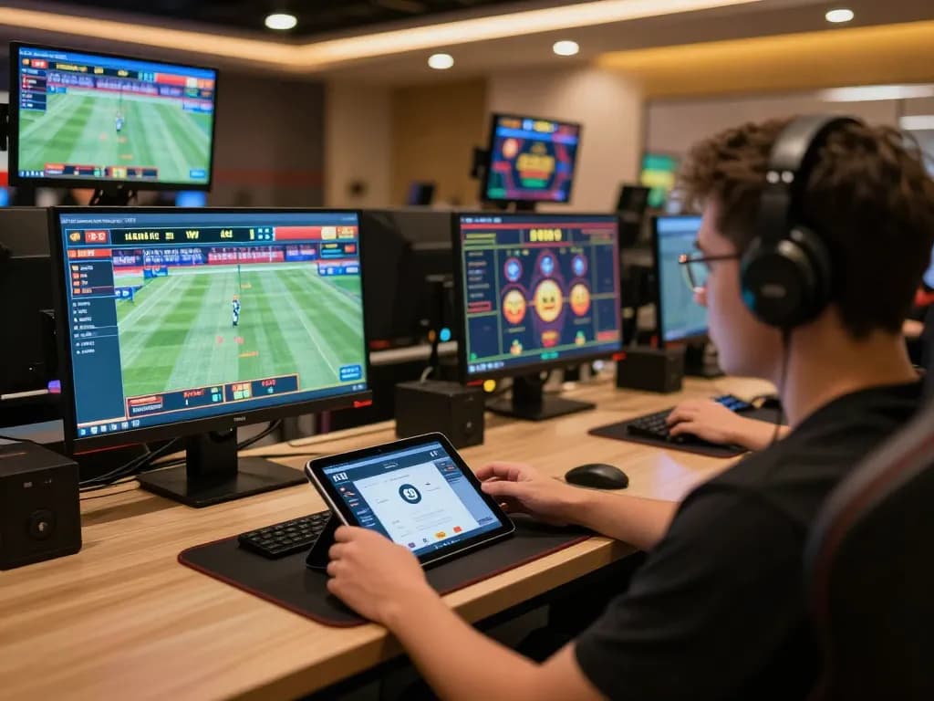 Engaged player analyzing F8 bet sports odds on multiple screens in a professional online gaming setup.