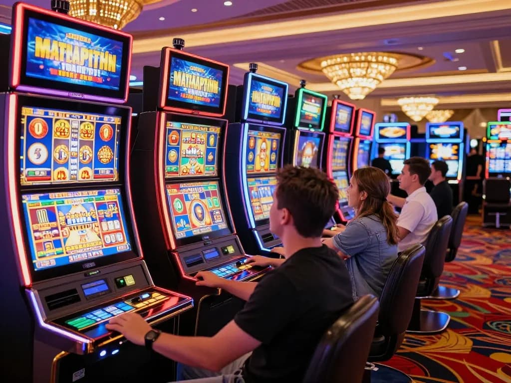 Pemain merayakan kemenangan di slot server di Indonesia, menunjukkan suasana kasino yang vibrant dan kegembiraan