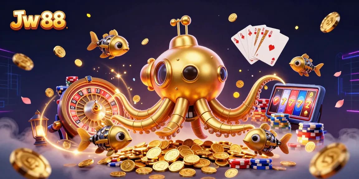 Experience thrilling gameplay at Jw 88, featuring a golden kraken submarine amid cascading coins and vibrant casino elements.