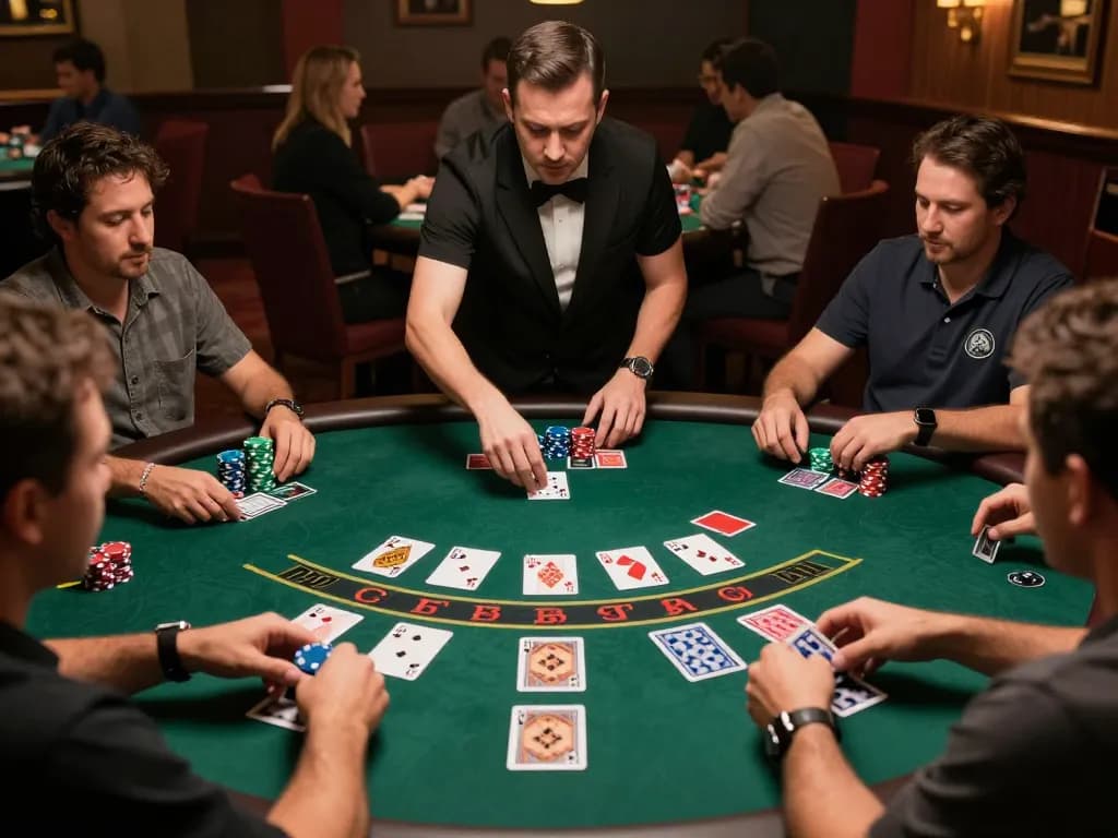 Engaged players at 98win trang chủ Blackjack table, highlighting strategic betting decisions in a welcoming casino atmosphere.