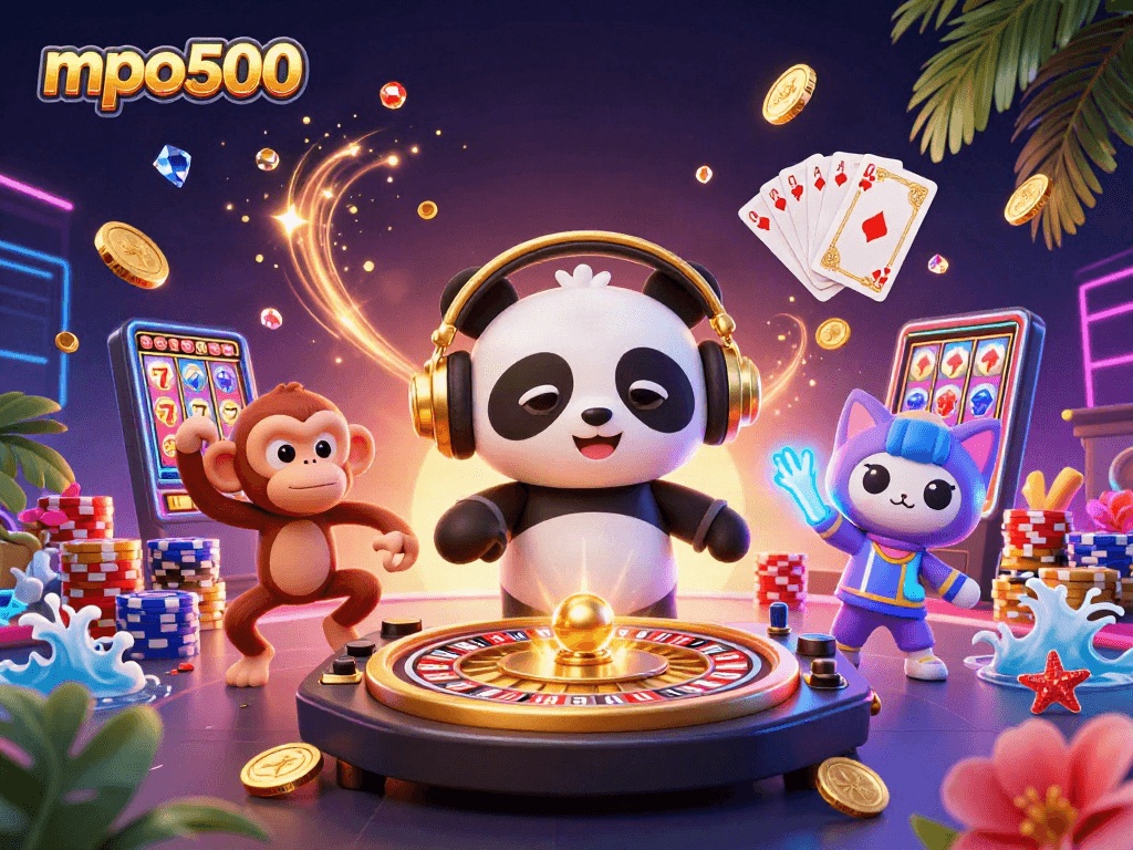 Gambarkan kegembiraan di mpo500 dengan DJ panda, monyet, dan kucing dalam suasana kasino yang meriah.
