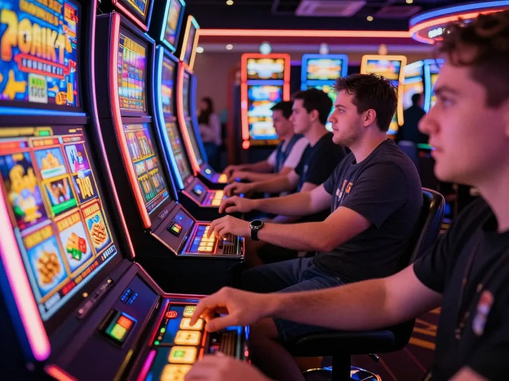 Players enjoying exciting slot gameplay at a vibrant casino, showcasing colorful machines and engaging atmosphere.