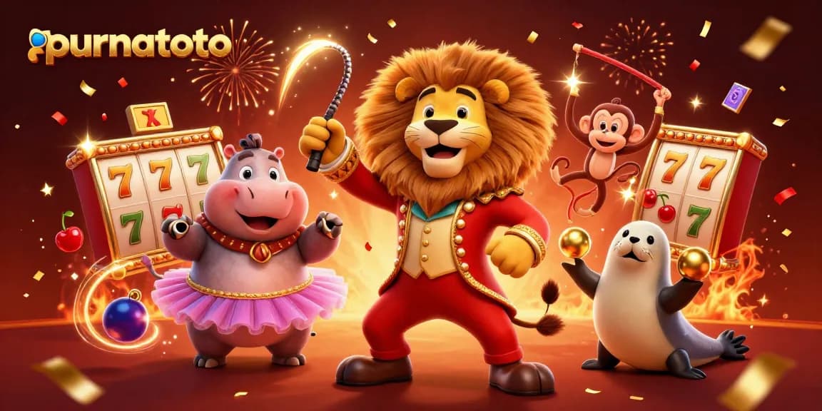 Purnatoto menawarkan pengalaman judi menarik dengan simbol slot serta karakter lucu dalam ilustrasi ceria.