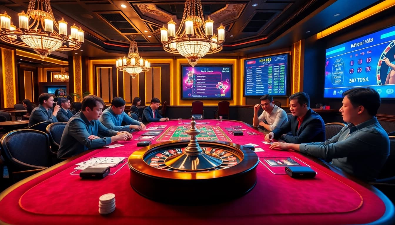 Exciting casino scene showing Kết quả xổ số with colorful poker chips and players betting.
