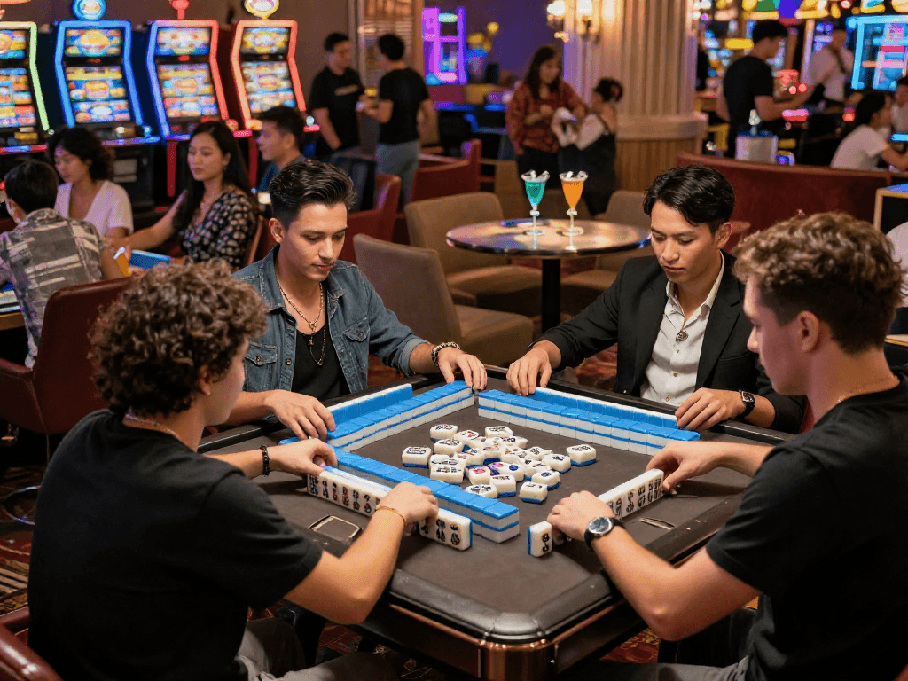 Slot MAHJONGJP88 game scene with friends enjoying vibrant casino atmosphere