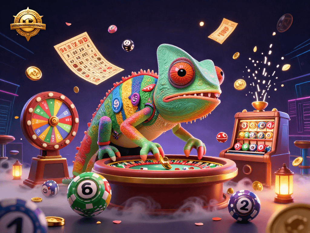 Menangkan permainan kasino dengan program pemrosesan steril sambil dikelilingi bola lotere berwarna-warni dan kartu bingo emas.