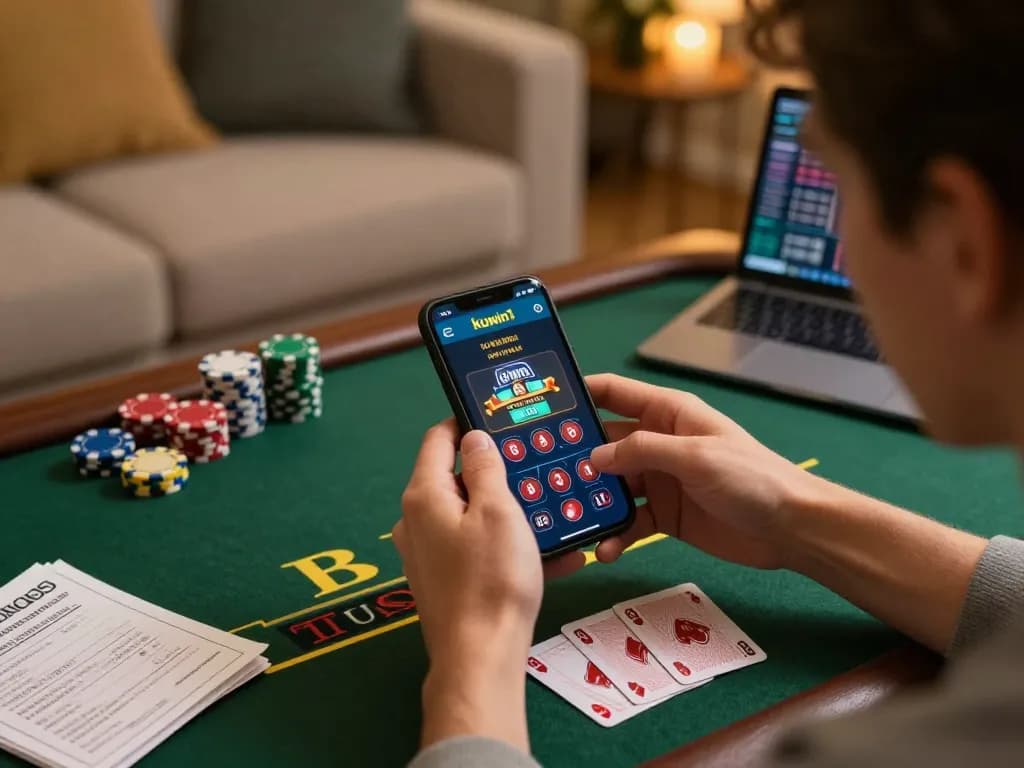 Play live dealer blackjack on the kuwin1 app, capturing an exciting moment at home