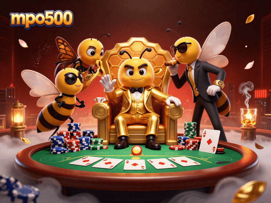 Ikon mpo500 dengan bos lebah dan elemen poker untuk perjudian yang seru.
