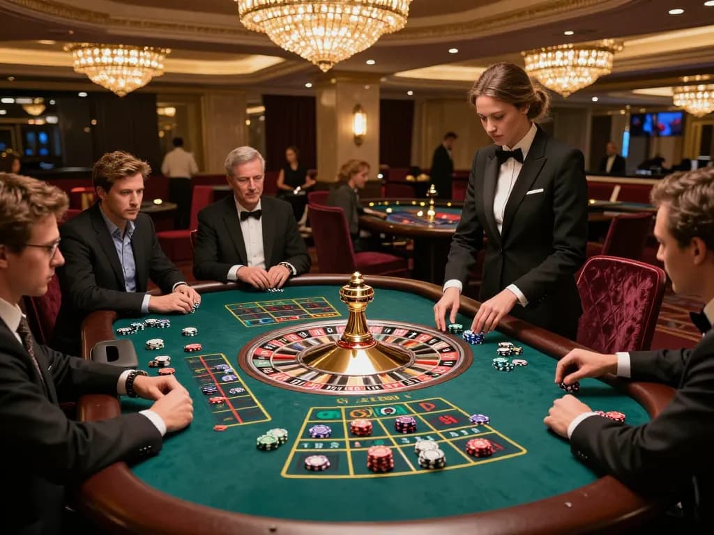 LIGA2000 players eagerly placing bets at a luxurious roulette table in a vibrant casino setting.