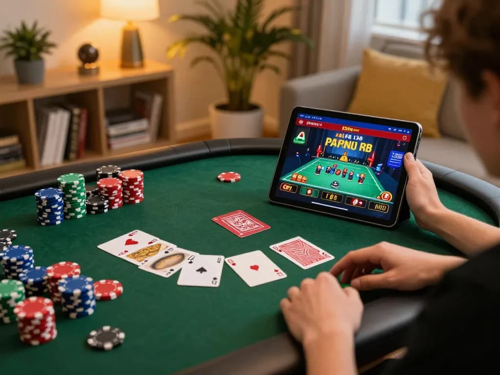 Pemain berinteraksi dengan platform permainan alfa 138 di tablet, dikelilingi oleh chip poker di lingkungan rumah yang nyaman.