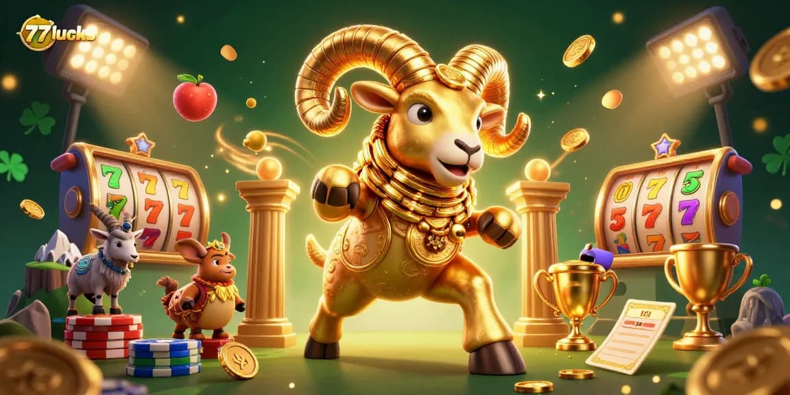 77lucks menang besar di mesin slot kasino dengan karakter domba emas yang dinamis.