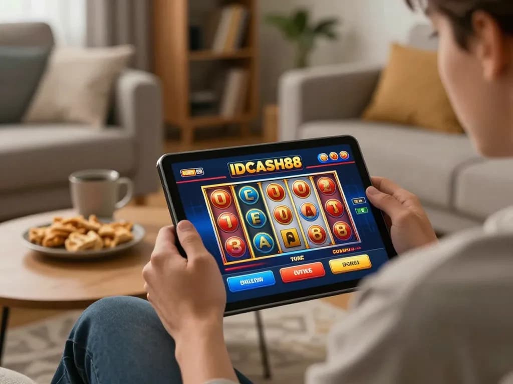 IDCASH88 player enjoying online slot gaming experience in a cozy living room.